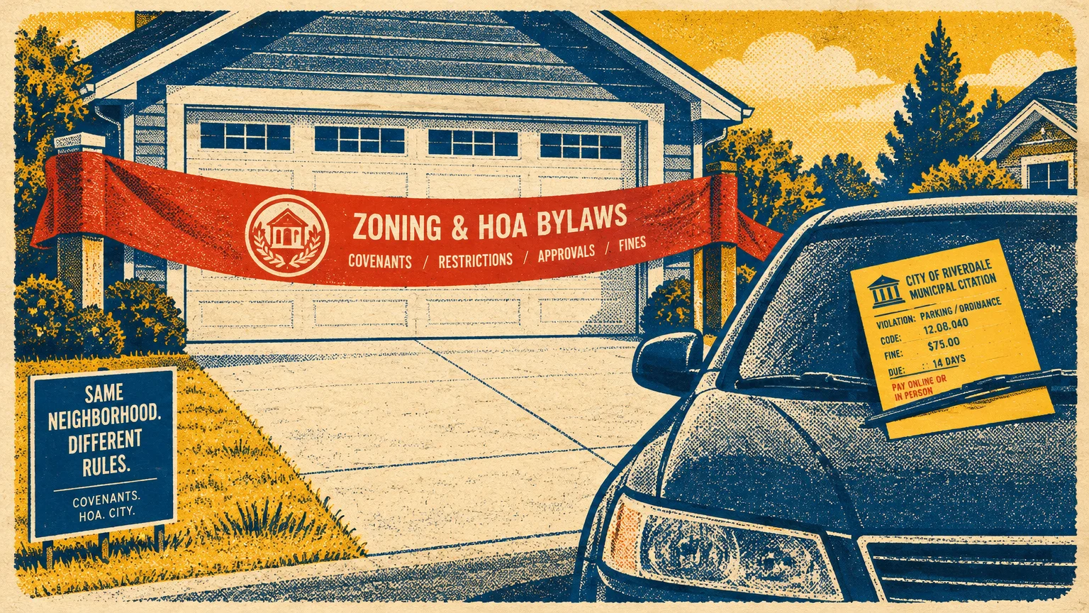 A garage driveway blocked by a red zoning and HOA banner next to a car windshield holding a yellow parking ticket.