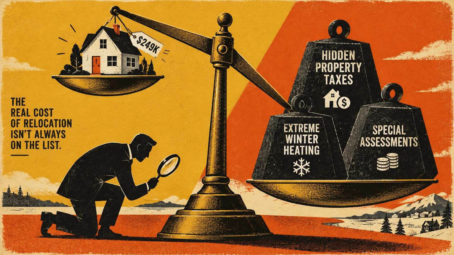 Illustration of a scale weighing a house against heavy weights labeled property taxes, winter heating, and assessments.