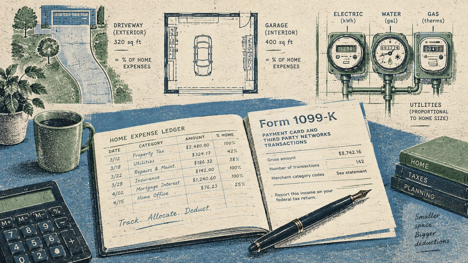 Screenprint illustration of a desk with a home expense ledger, Form 1099-K, utility meters, and a garage floor plan.