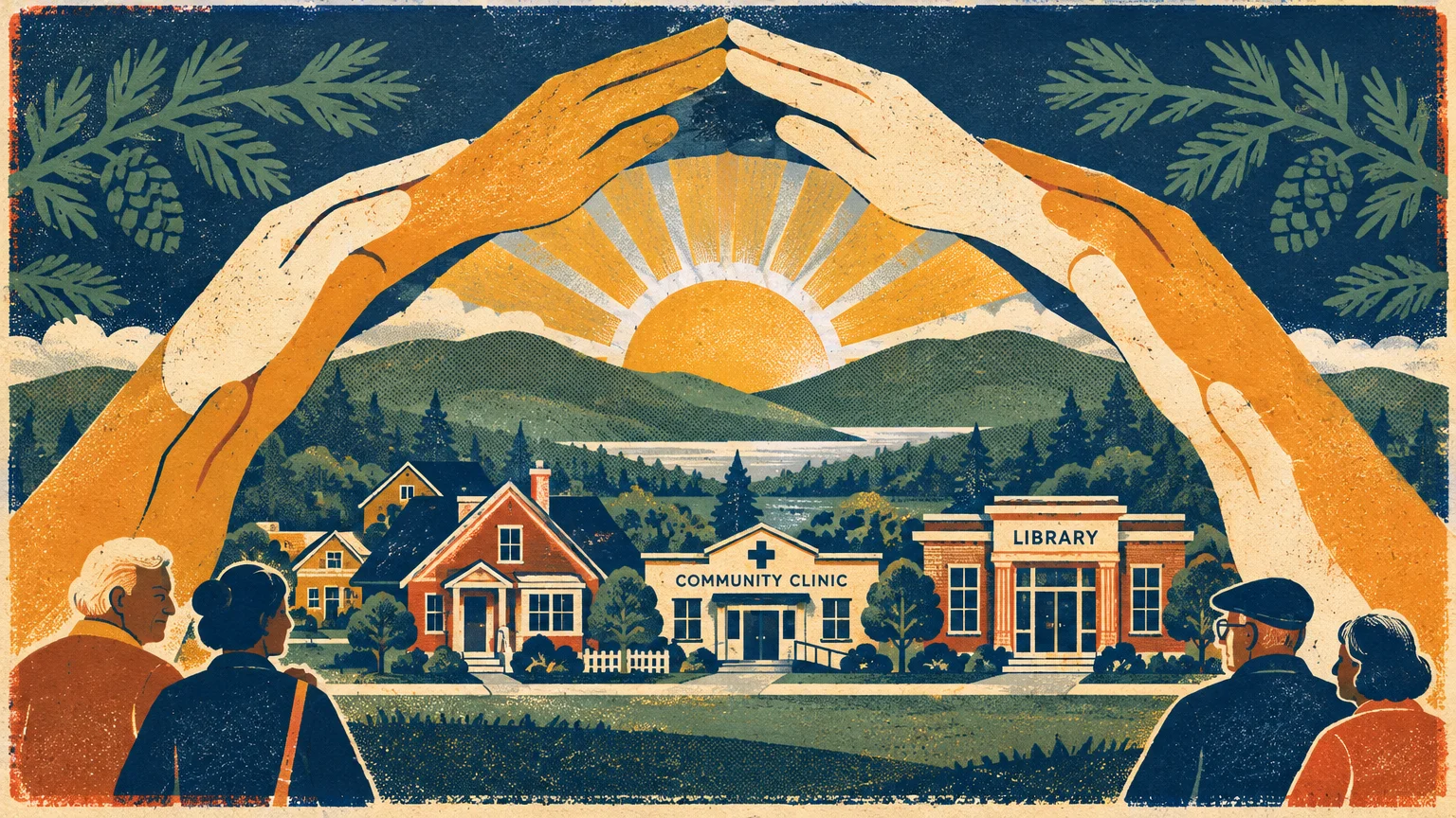 Screenprint illustration of hands forming a protective roof over a town with seniors, a clinic, and a library at sunrise.