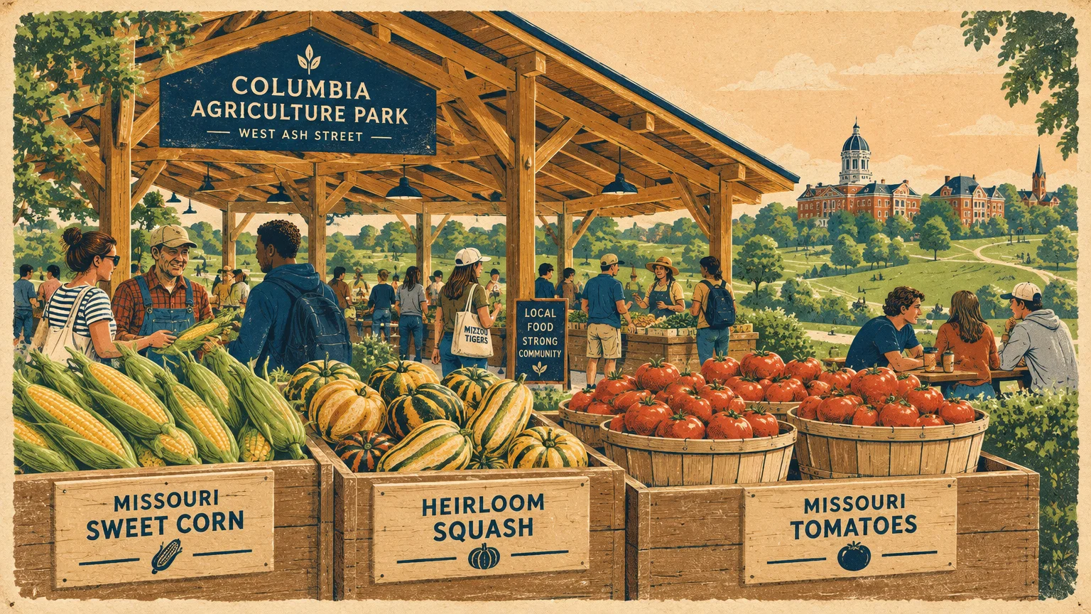 Illustration of an open-air market pavilion at Columbia Agriculture Park with bins of corn, squash, and tomatoes.