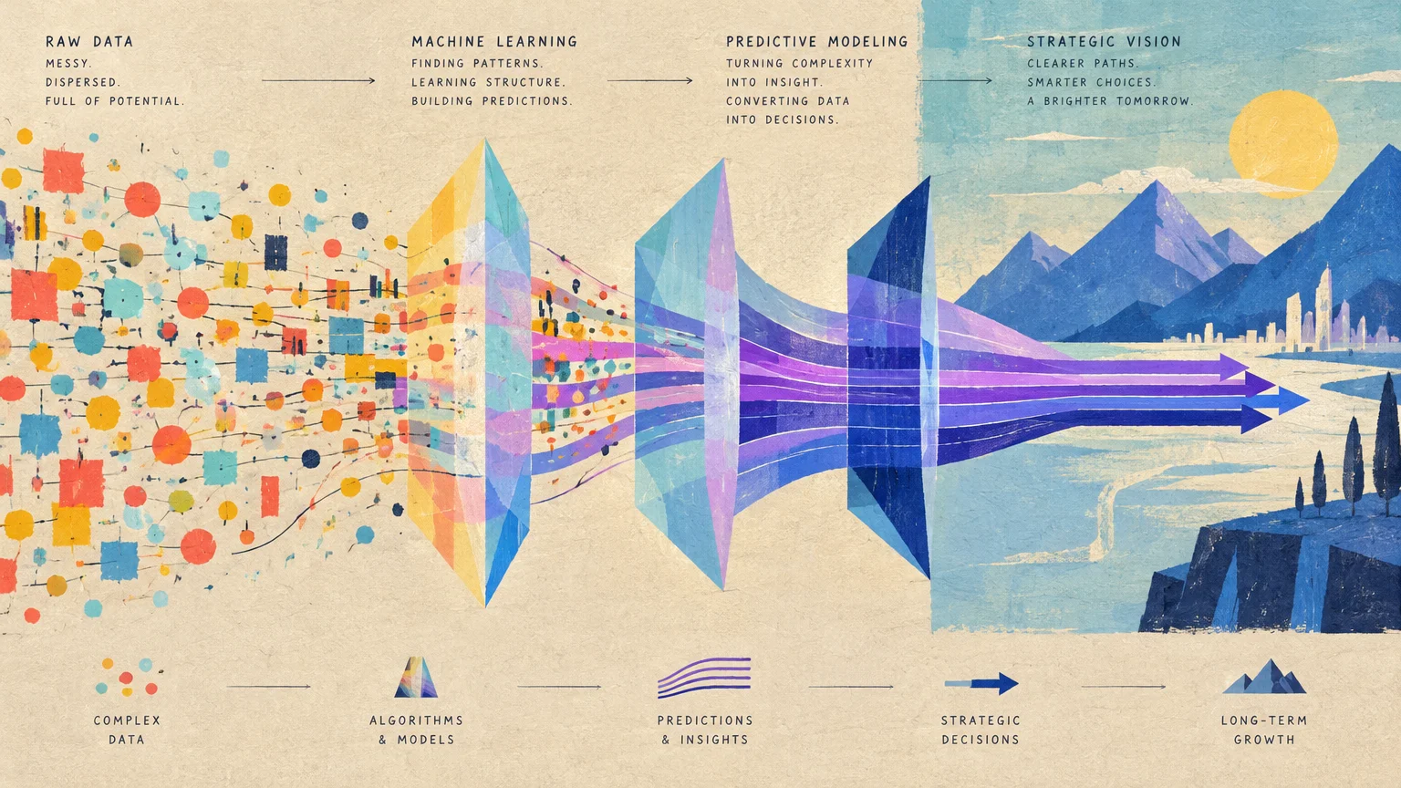 Diagram showing colorful raw data filtered through prisms into streamlined arrows pointing toward a mountain landscape.