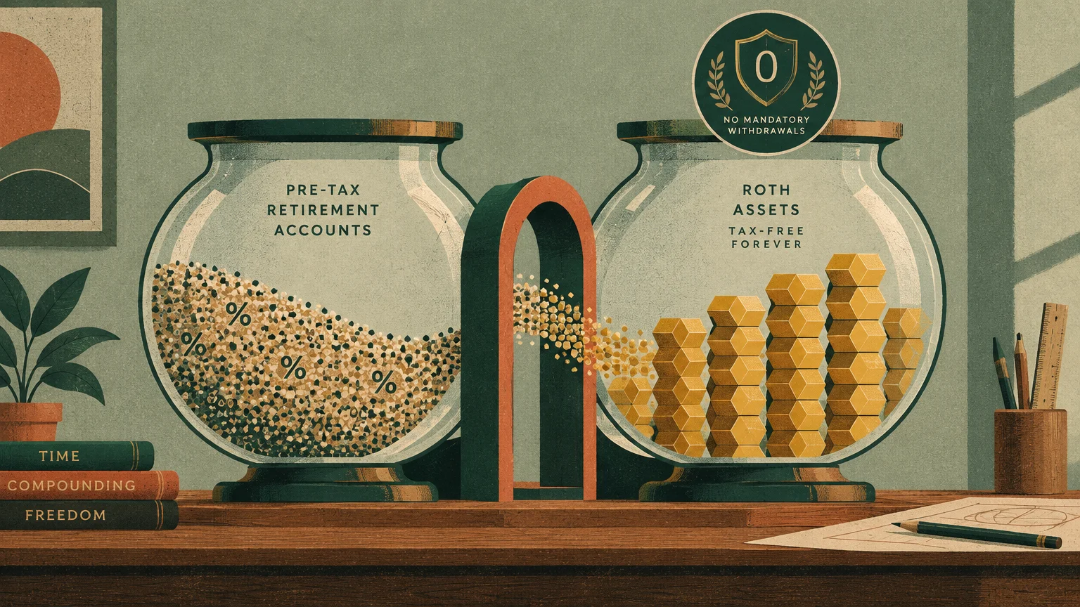 Illustration of two glass jars showing pre-tax funds transferring through an archway into organized Roth assets.