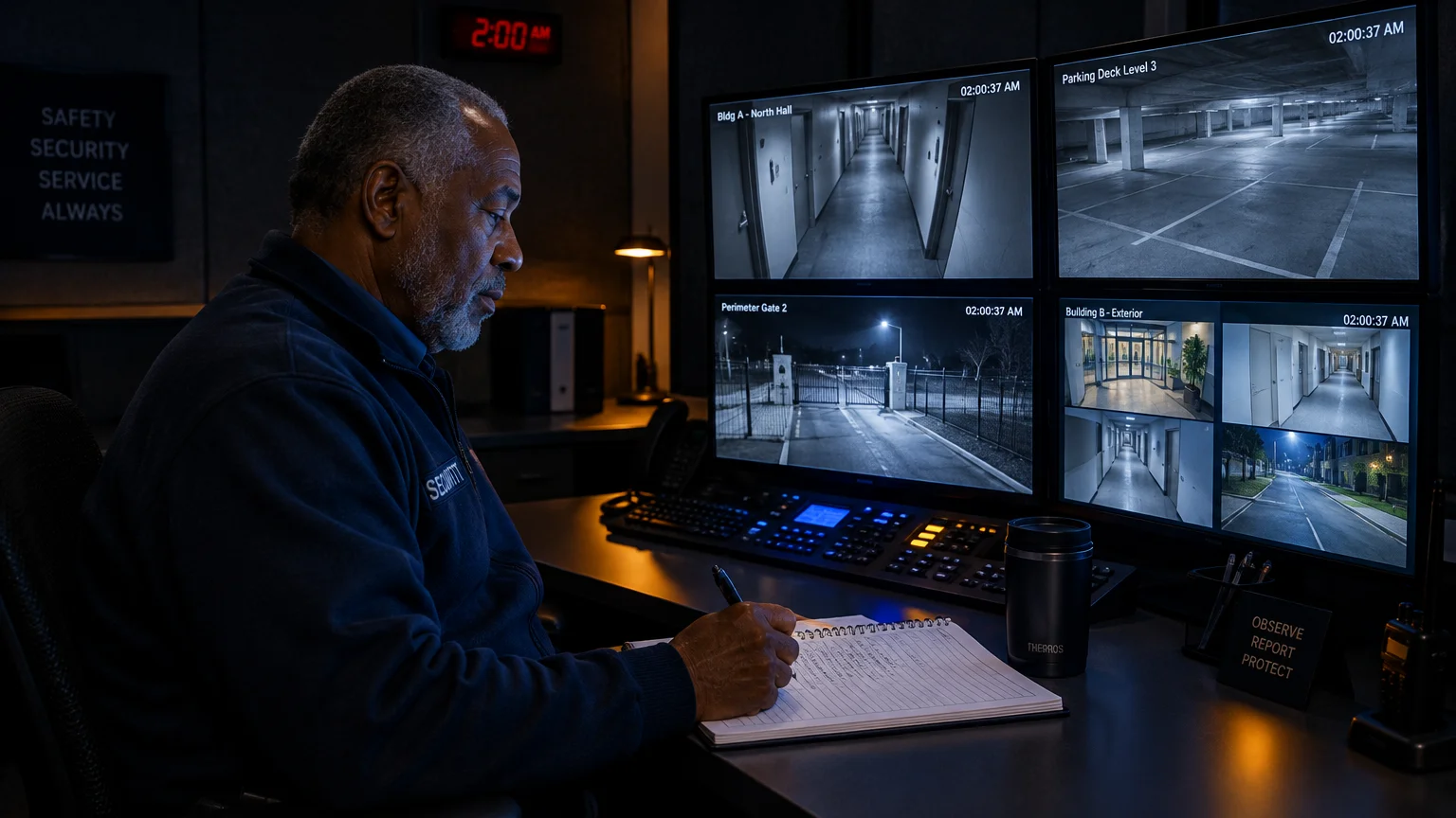 Older security monitor writing in a logbook at a desk before multiple surveillance screens displaying night camera feeds.
