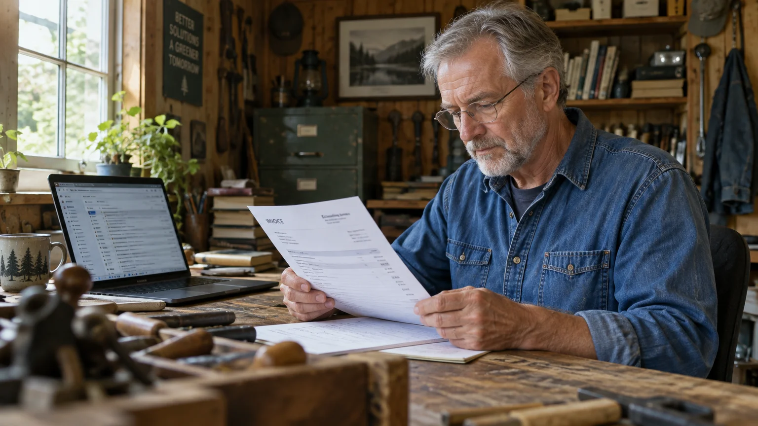 Senior man with glasses sitting at a rustic wooden workshop desk, examining an invoice next to an open laptop.