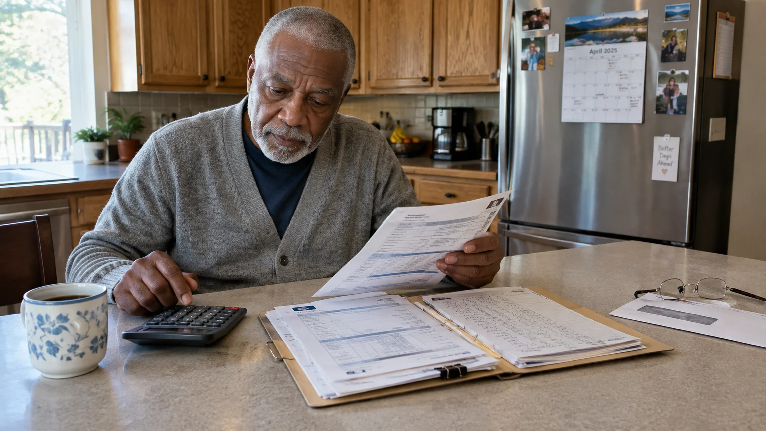 Senior man sitting at a kitchen counter reviewing bills and paperwork with a calculator and coffee cup.
