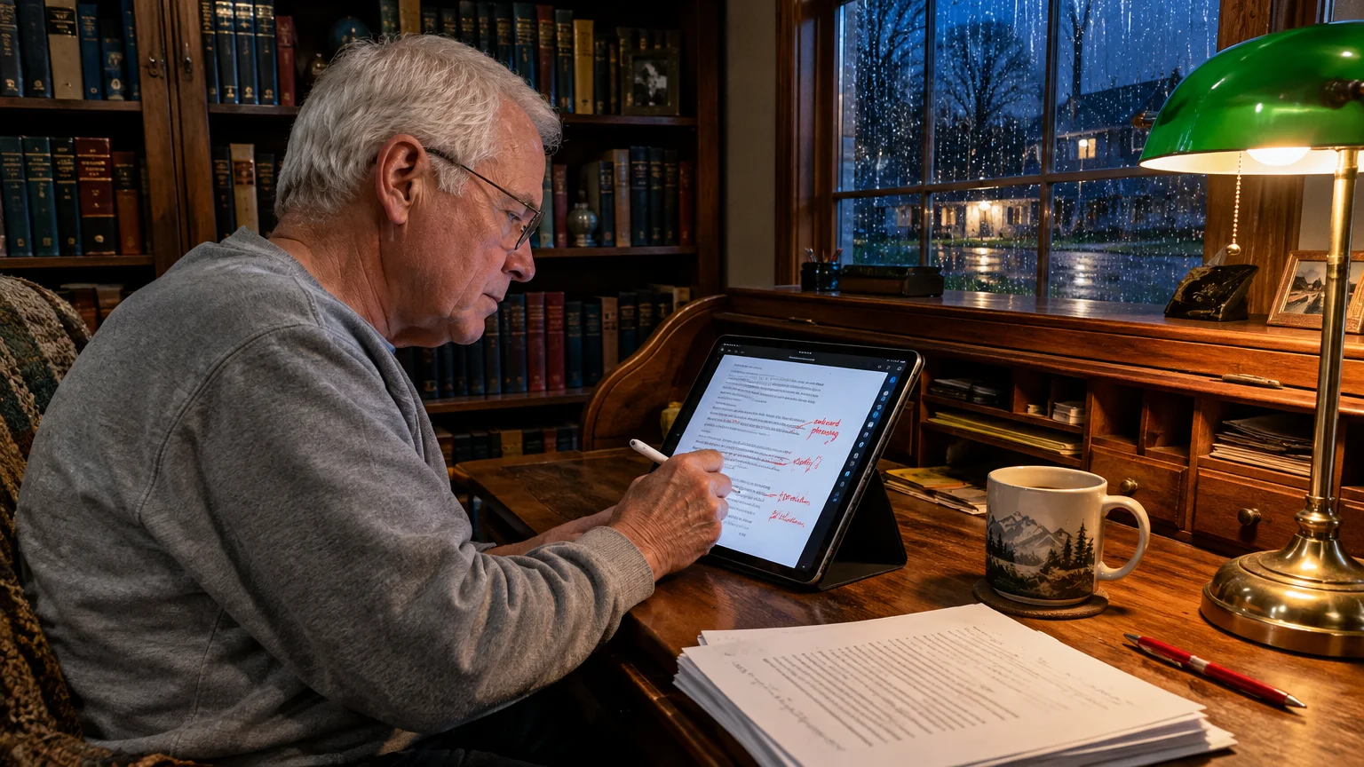 Senior man marking text on a tablet with a stylus at a rolltop wooden desk by a rainy window at night.