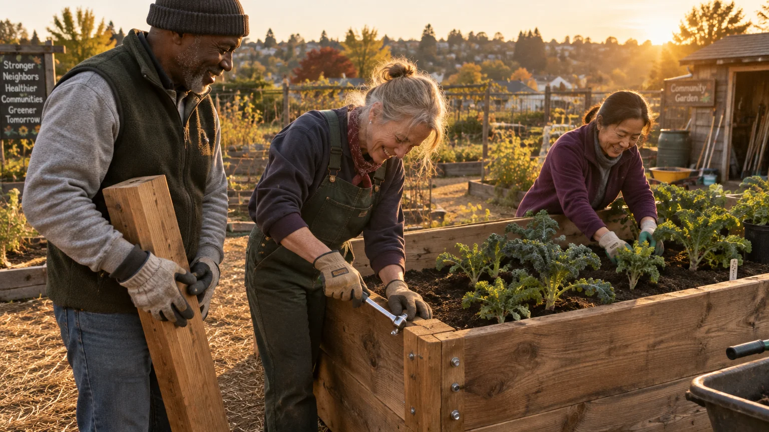 Three older adults build and tend a wooden raised garden bed together in a sunny community garden.