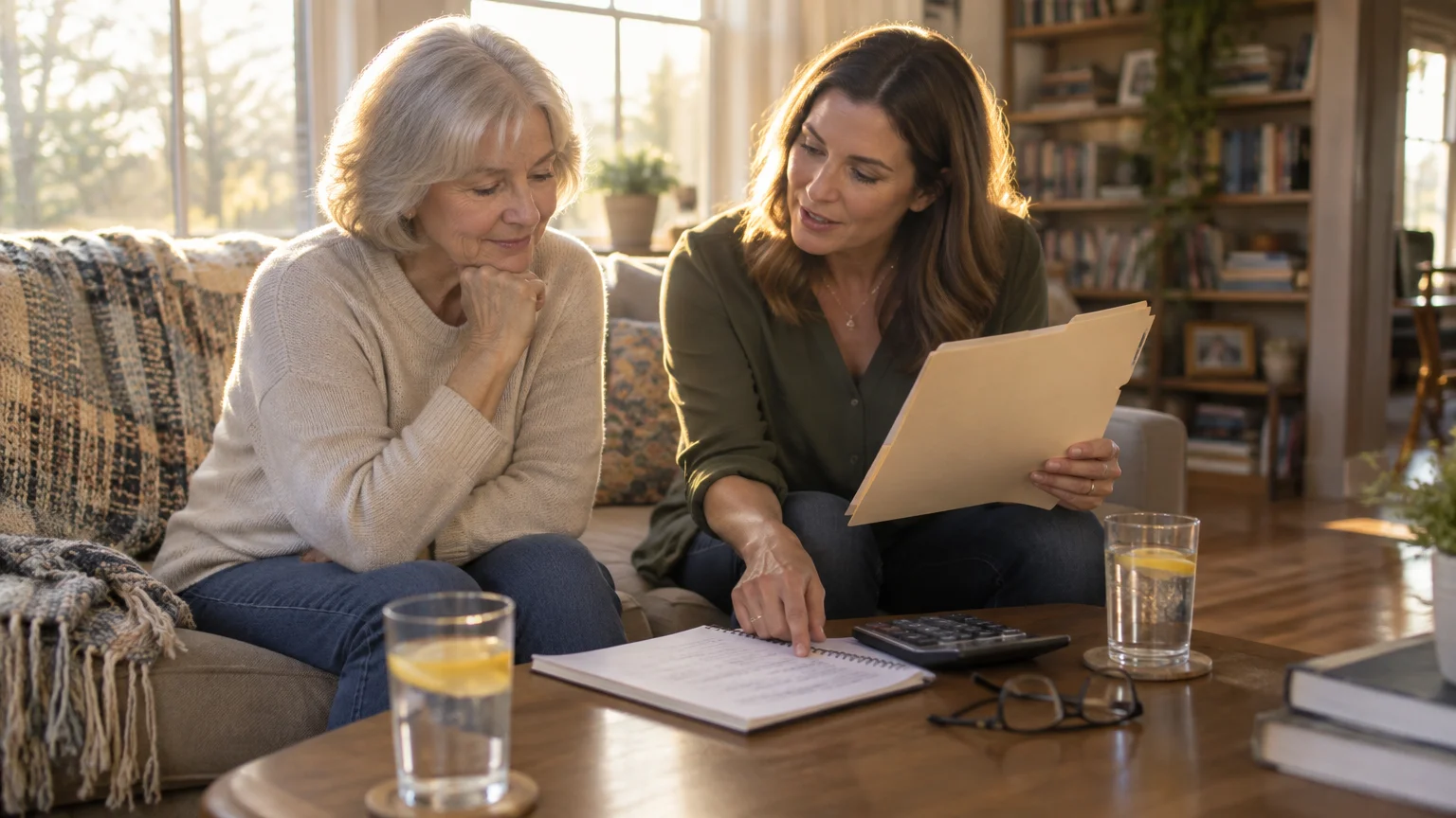 Two women sit on a living room couch reviewing paperwork and a notebook on a coffee table with a calculator.