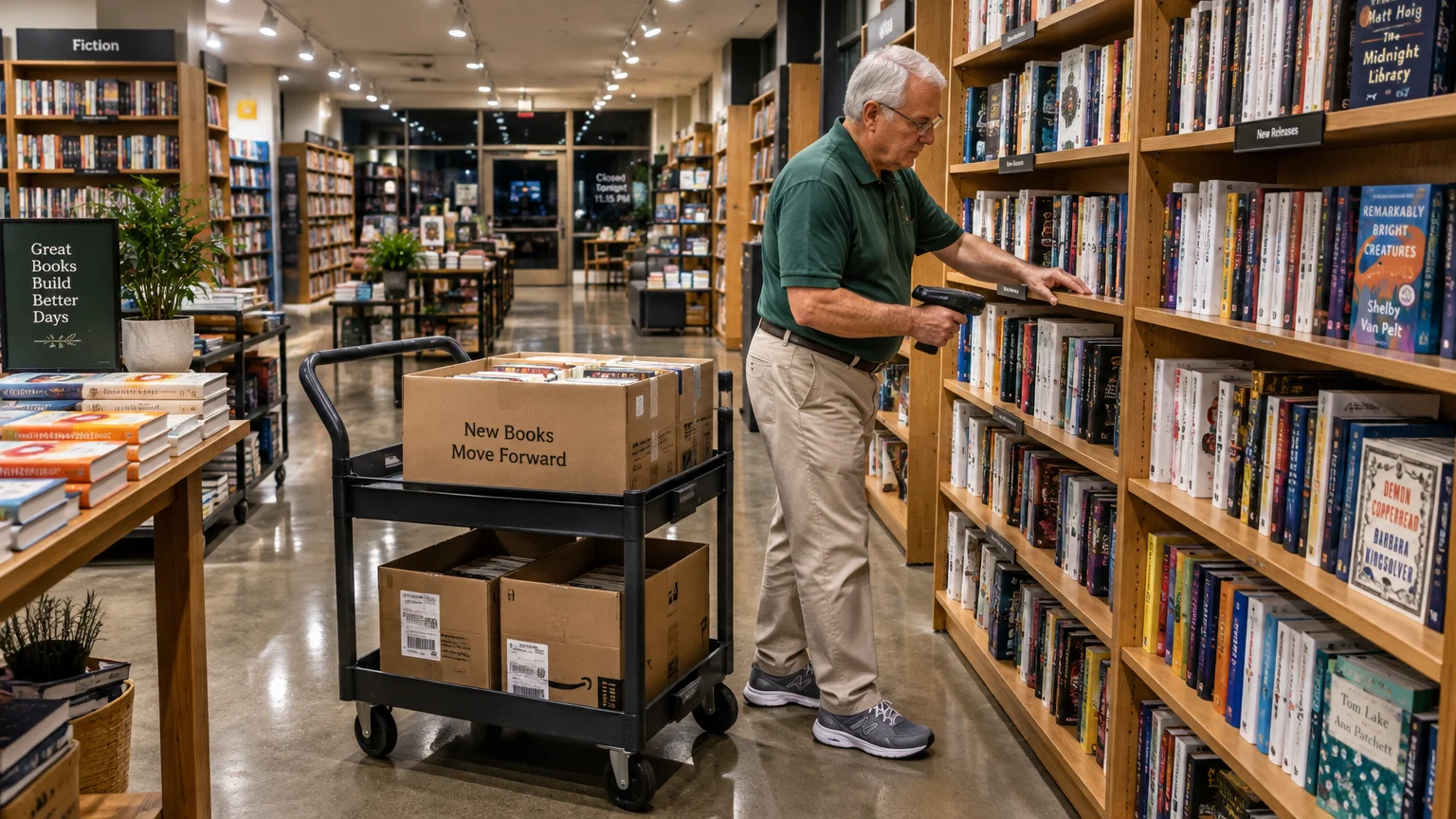 A senior man in a bookstore uses a handheld scanner while stocking books from a rolling cart onto wooden shelves.