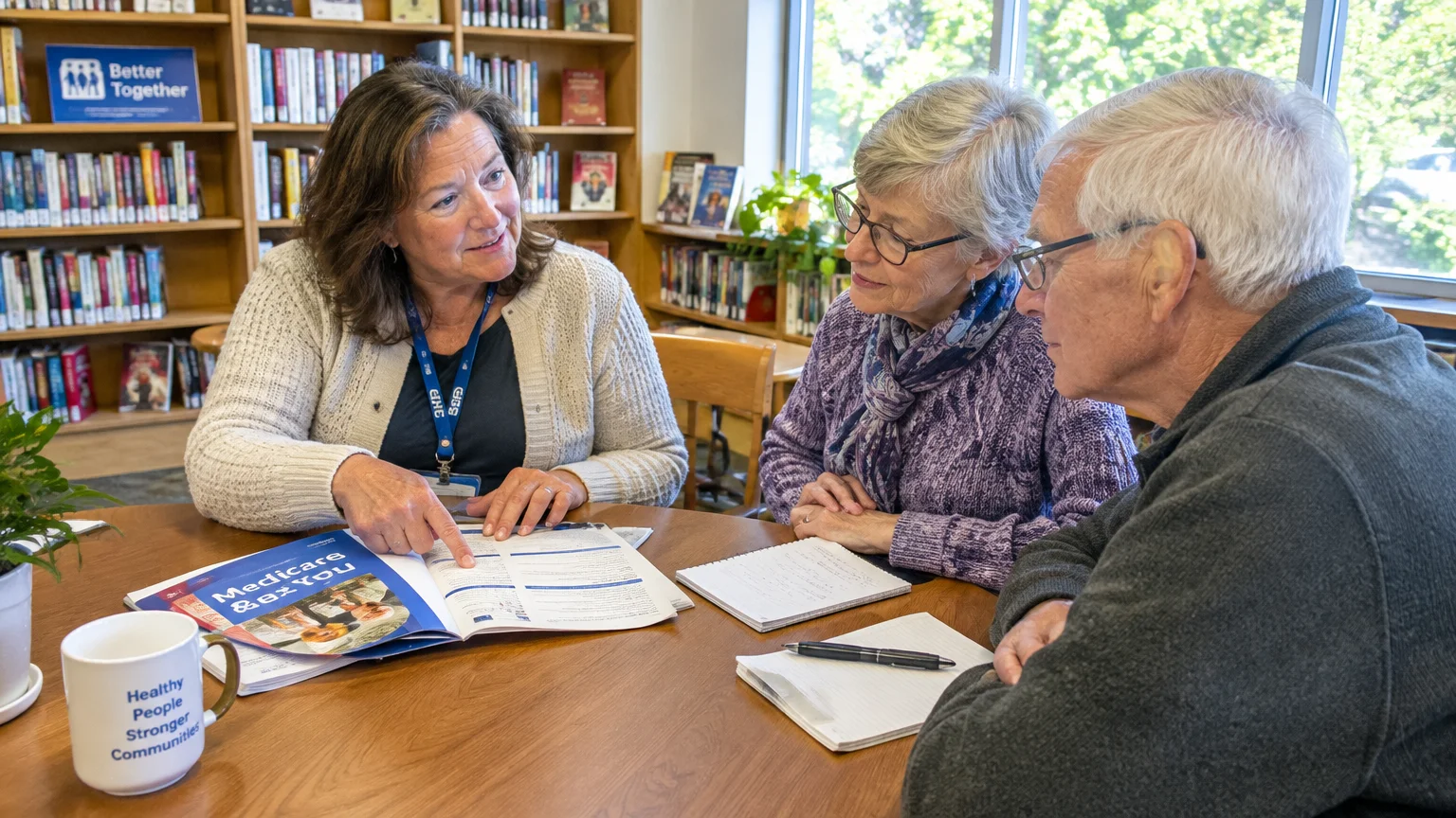 A counselor points to a Medicare booklet while advising an older man and woman seated at a wooden table in a library.