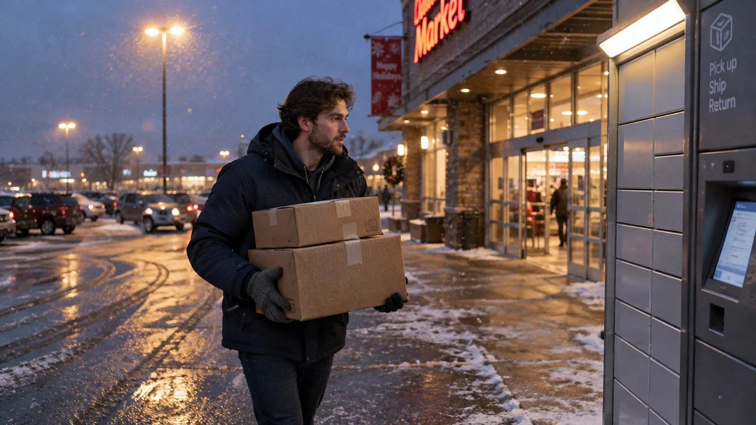 A man carries two cardboard packages outside a store next to an automated pickup locker on a snowy evening.