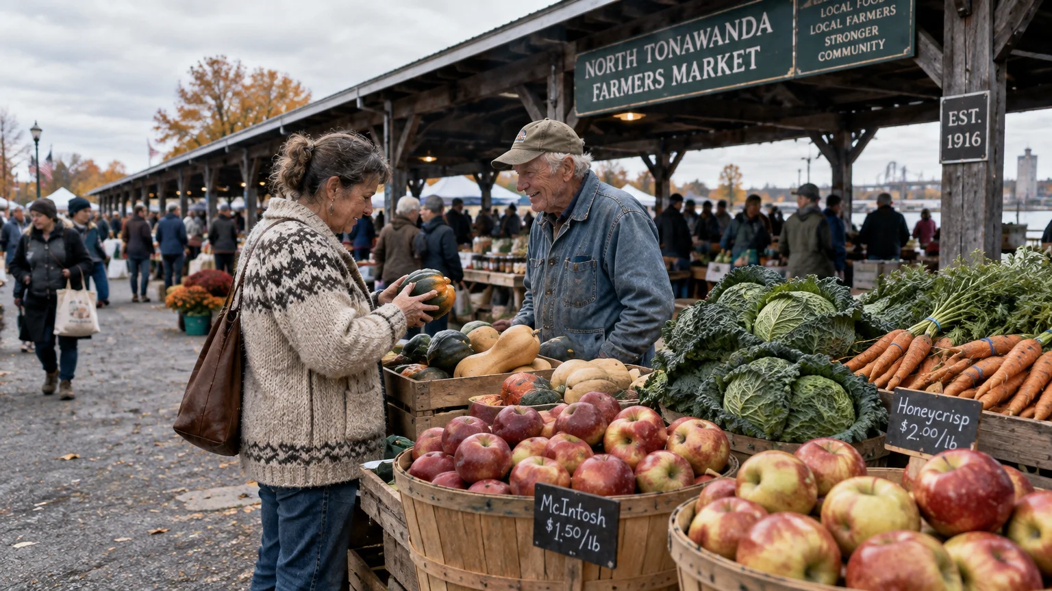 Shoppers browse baskets of apples, squashes, and cabbages under a covered wooden pavilion at an outdoor farmers market.