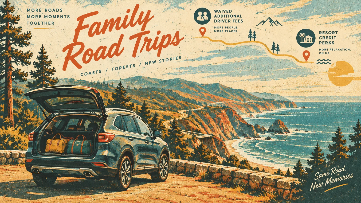 Retro illustration of an SUV parked on a coastal cliff overlooking an ocean highway, with road trip graphics above.