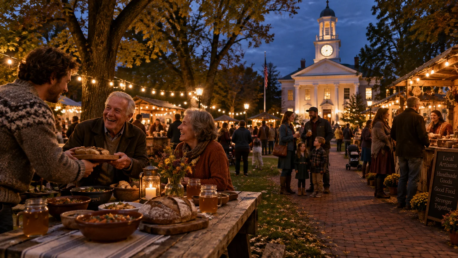 People dining and gathering outdoors at an evening autumn festival in front of a white colonial town hall with a clock tower.