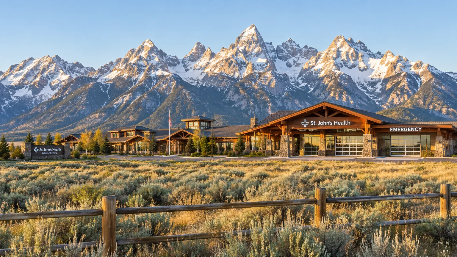 Exterior of St. John's Health hospital building beneath snow-dusted, rugged mountain peaks in Jackson, Wyoming.