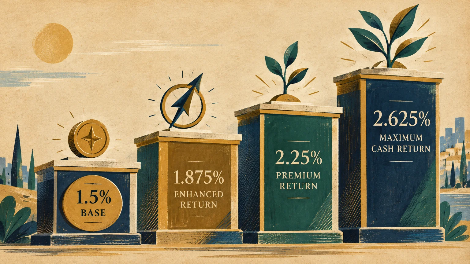 Four ascending pedestals displaying percentage rates from 1.5% base to 2.625% maximum cash return with sprouting plants.