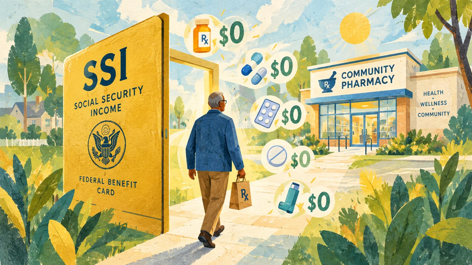 Senior man walks through an open SSI card doorway toward a pharmacy, surrounded by floating zero-dollar medication icons.