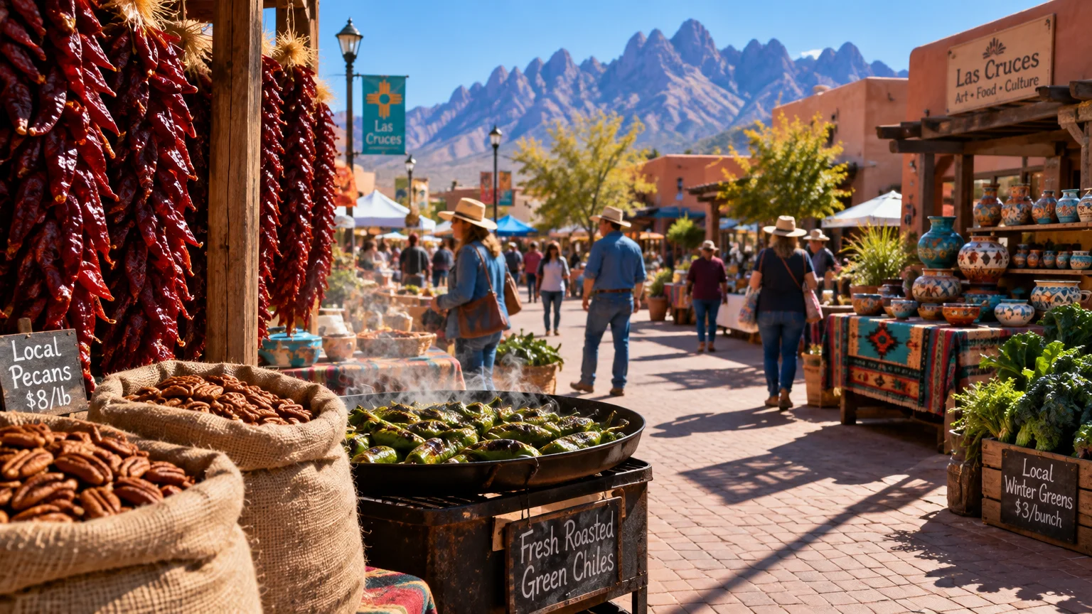 Outdoor market with roasting green chiles, hanging red peppers, pottery, and shoppers against jagged desert mountains.
