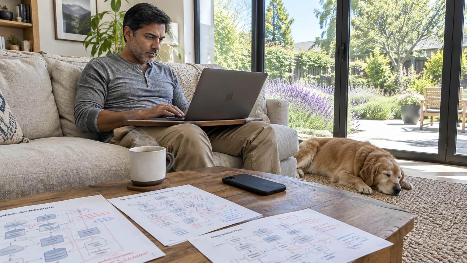 A man types on a laptop while sitting on a couch, with printed flowcharts on a coffee table and a dog sleeping nearby.