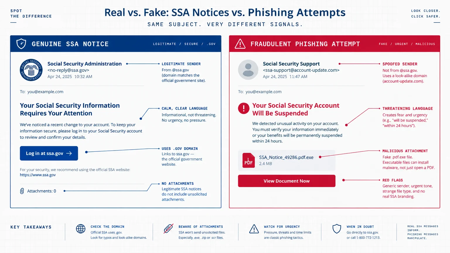 Side-by-side comparison diagram breaking down differences between a genuine SSA notice email and a fraudulent phishing attempt.