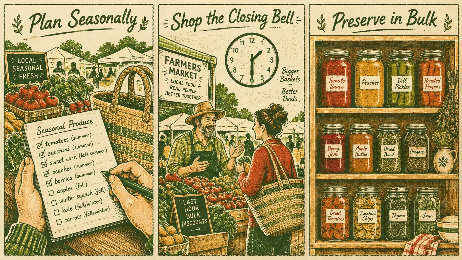 Three-panel illustration showing a produce checklist, a woman shopping at a market stall, and jars of preserved foods.