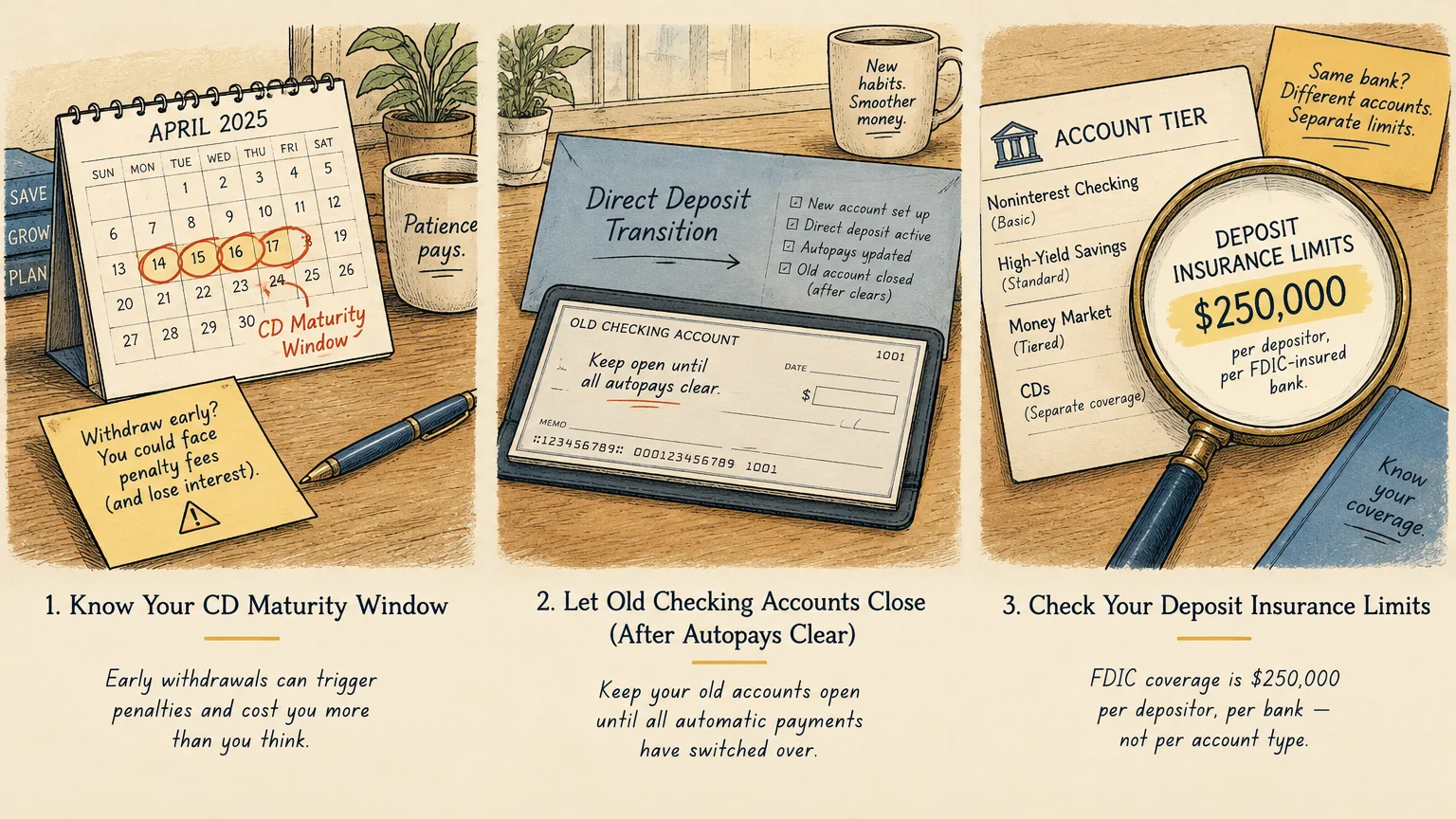 Three panels showing a desk calendar, a checkbook for account transitions, and a magnifying glass over insurance limits.