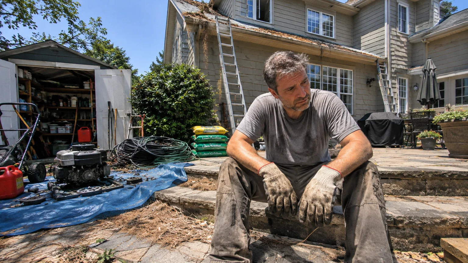 An exhausted man in dirty work clothes and gloves sits on stone patio steps amid yard tools and house repair equipment.