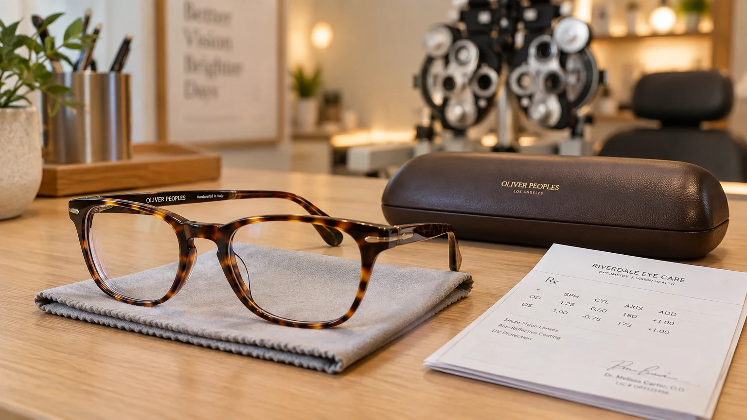Tortoiseshell eyeglasses on a cleaning cloth beside an eyeglass case and paper prescription in an optometrist office.