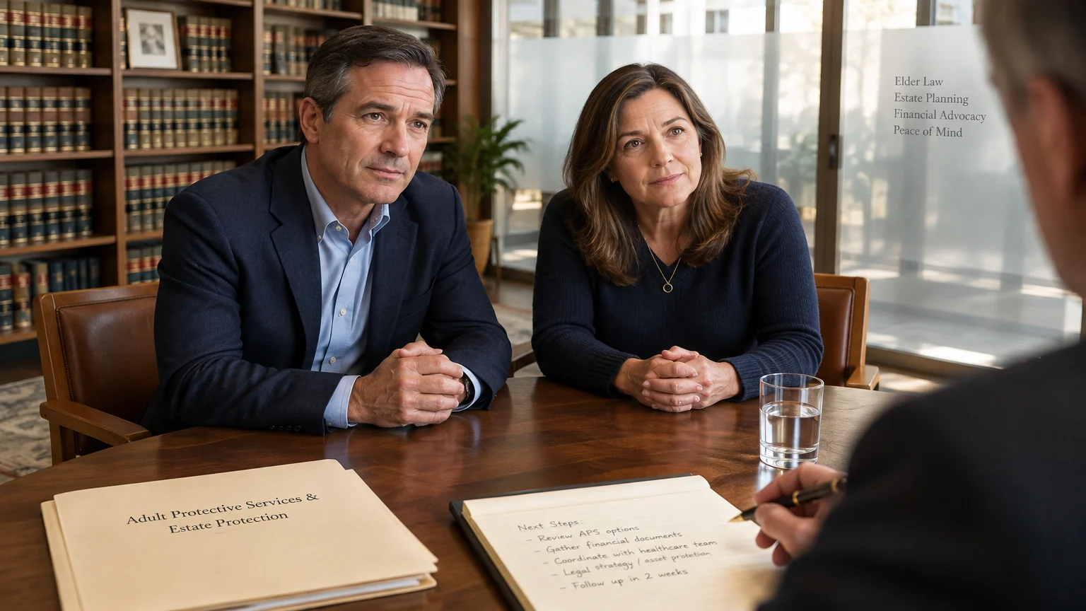 A man and woman sit across a desk in a law office, listening attentively to an attorney taking notes.