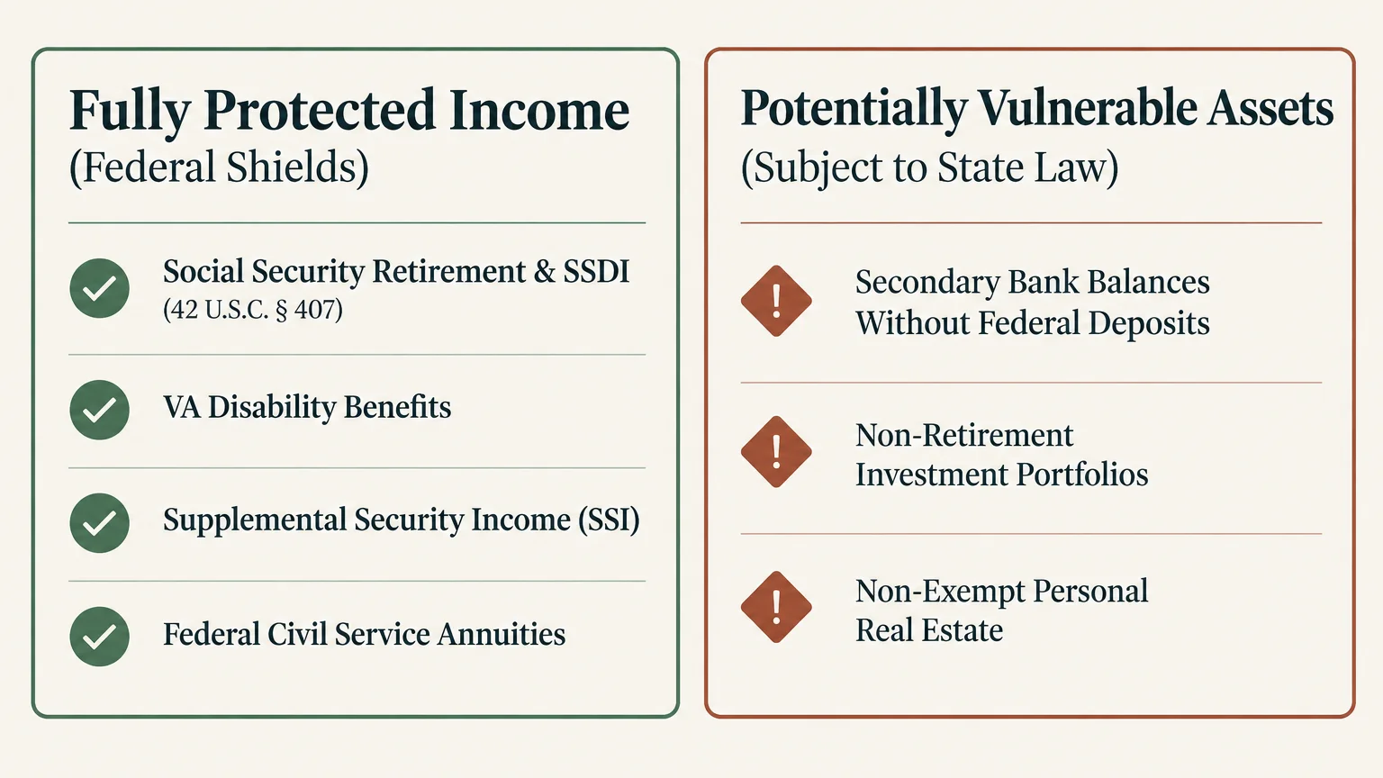 Side-by-side comparison chart listing fully protected federal income streams alongside potentially vulnerable assets.