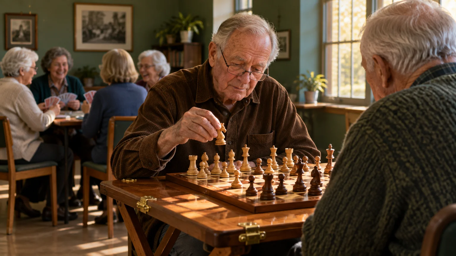 Senior man in glasses moving a chess piece during a game in a sunlit community room with card players in the background.
