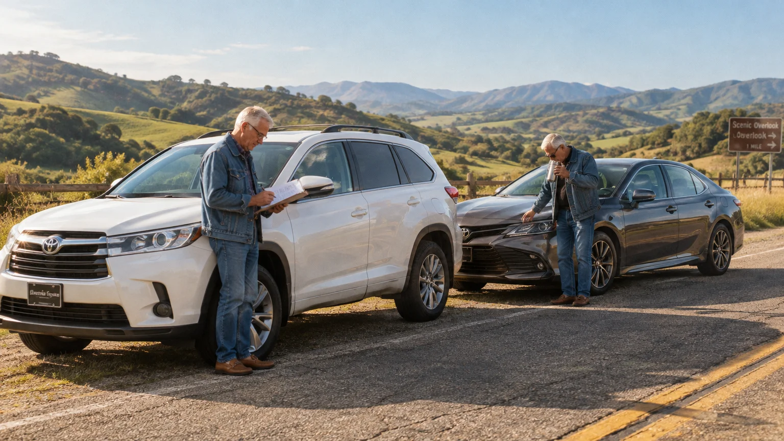 Two senior men in denim jackets stand by a white SUV and gray sedan parked along a scenic rural roadside.