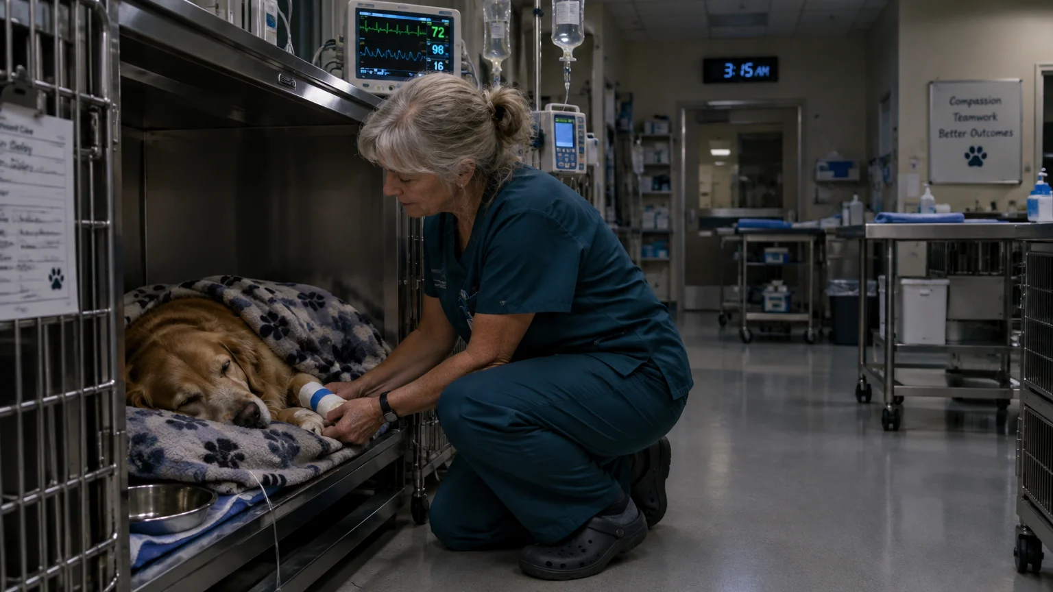 A veterinary assistant in scrubs kneels beside a sleeping golden retriever resting under a blanket in a clinic kennel.