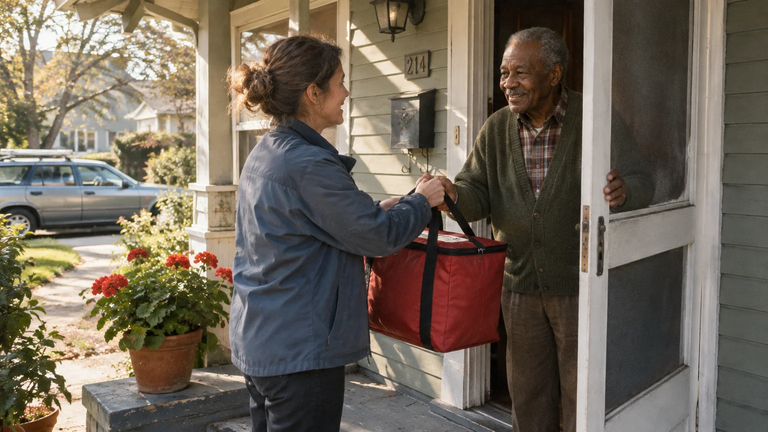 A woman hands a red insulated food delivery bag to an older man standing in his open front doorway.