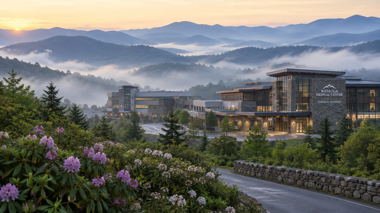 Modern hospital pavilion in misty mountains at sunrise, framed by pink rhododendrons and evergreen trees.