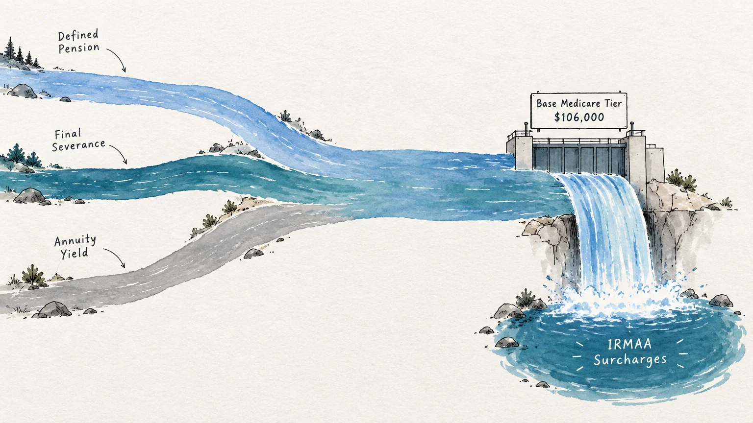 Illustration of three streams merging at a dam labeled Base Medicare Tier and spilling into pool labeled IRMAA Surcharges.