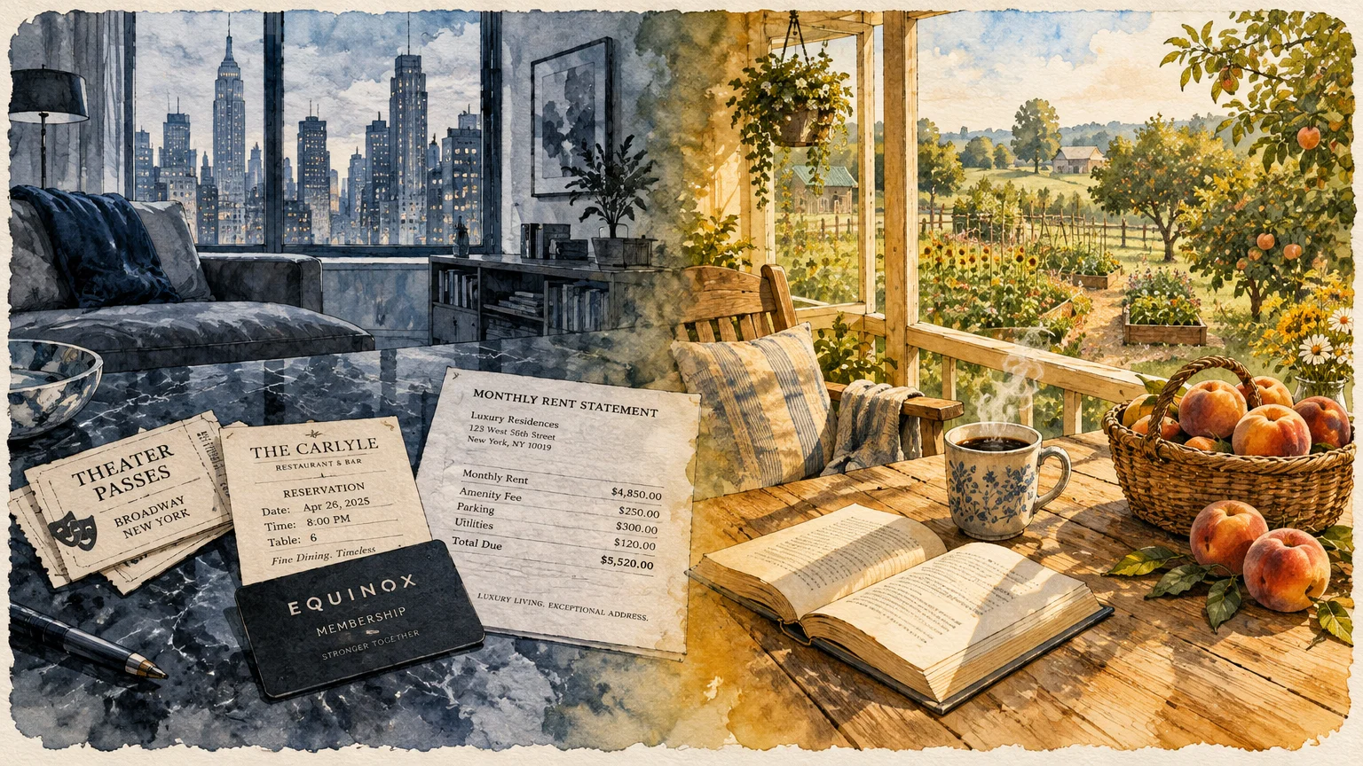 Split watercolor illustration contrasting an expensive city apartment overlooking skyscrapers with a peaceful rural porch.
