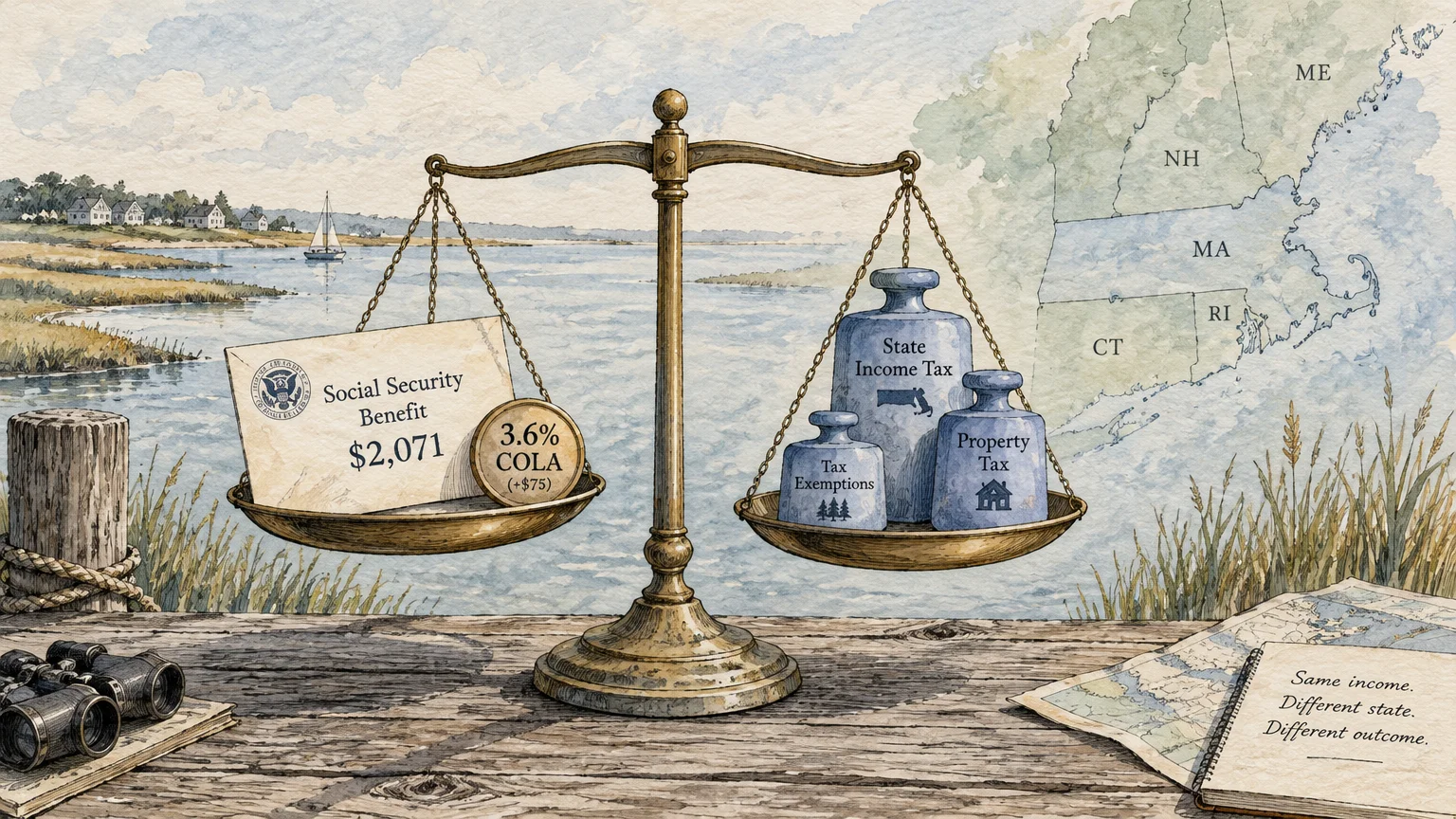 A balance scale weighing a $2,071 Social Security check and a COLA coin against blue state tax weights overlooking water.