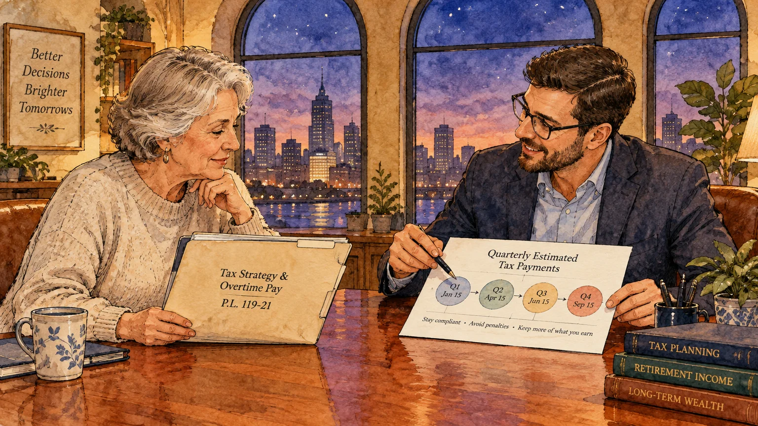 Illustration of a woman consulting a financial advisor reviewing quarterly estimated tax payments against a city skyline.