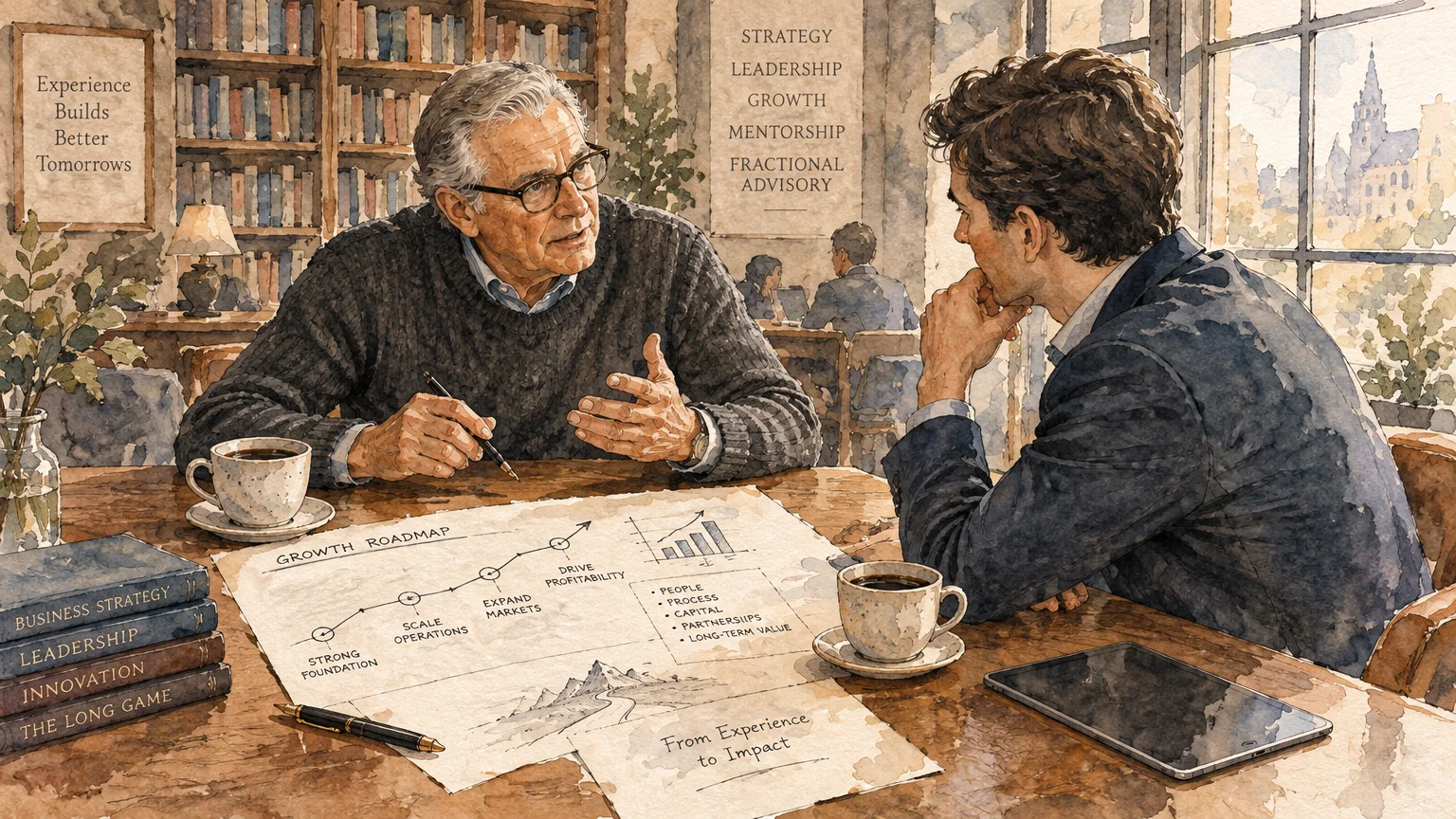 Watercolor illustration of a senior mentor discussing a growth roadmap chart at a desk with a younger professional.