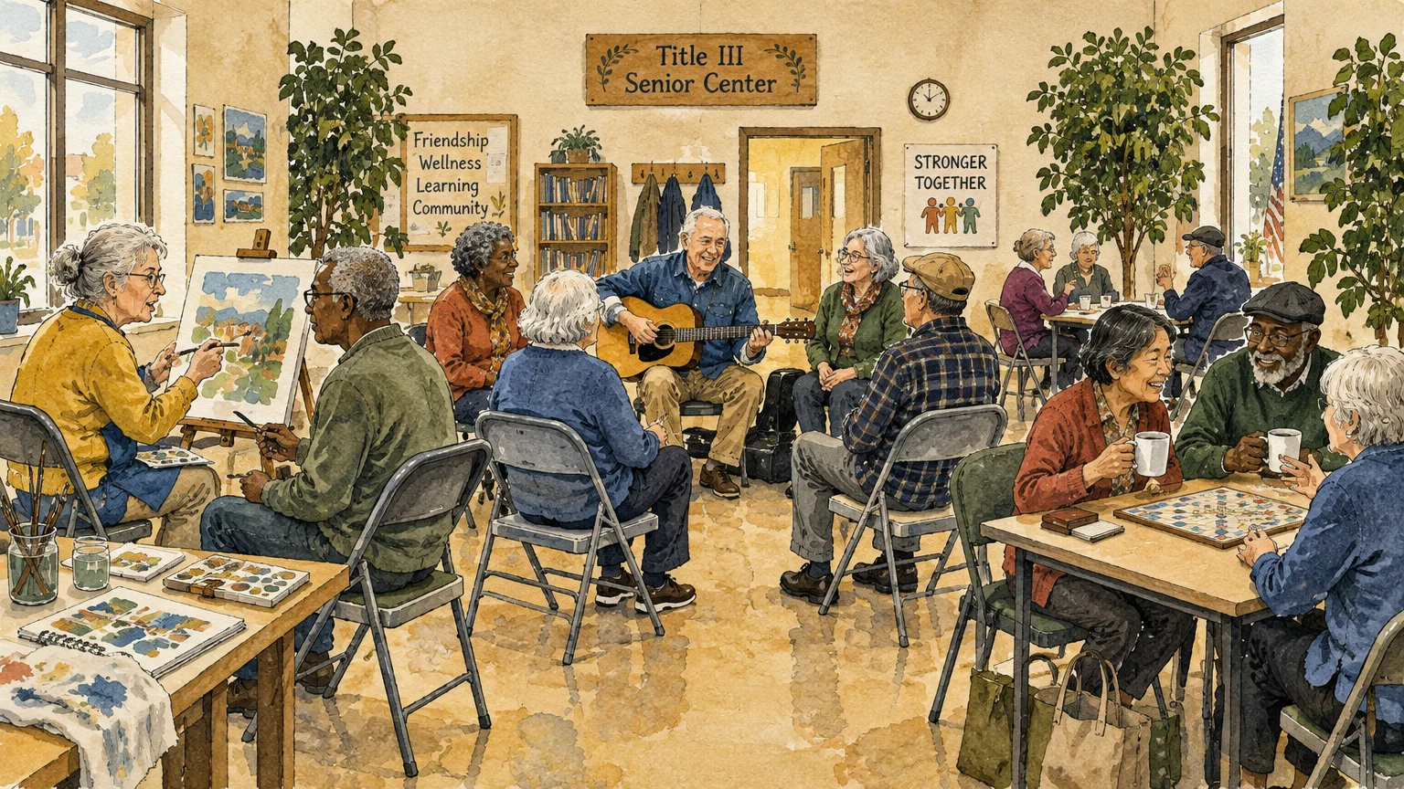 Illustration of diverse seniors playing board games, painting watercolors, and listening to an acoustic guitar in a center.
