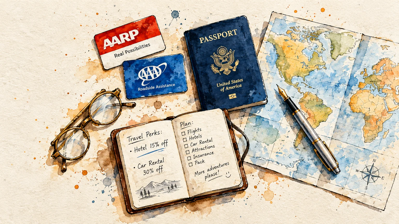Watercolor illustration of a US passport, AARP and AAA cards, notebook, fountain pen, glasses, and a world map.