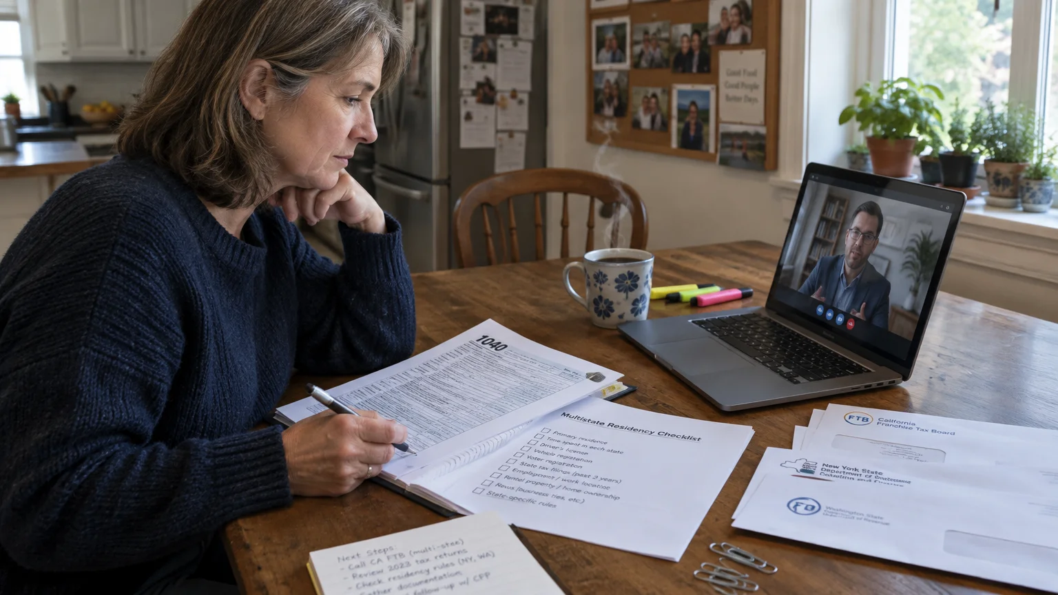 A woman sits at a table reviewing tax forms and a multistate residency checklist during a video call on her laptop.