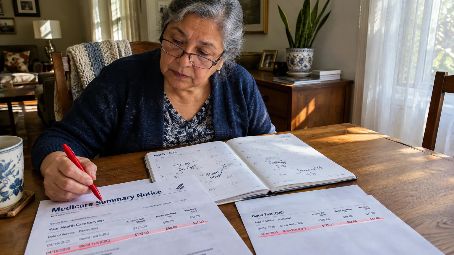 Woman sitting at a table with an open calendar planner, reviewing Medicare summary notice documents with a red pen.