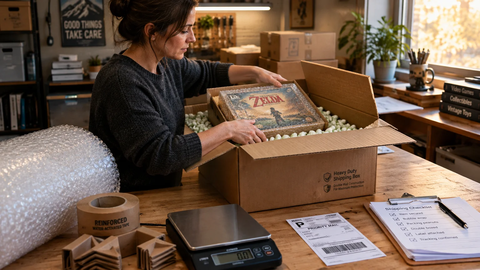 A woman packs a bubble-wrapped Zelda game box into a cardboard shipping box surrounded by packing peanuts and tape.