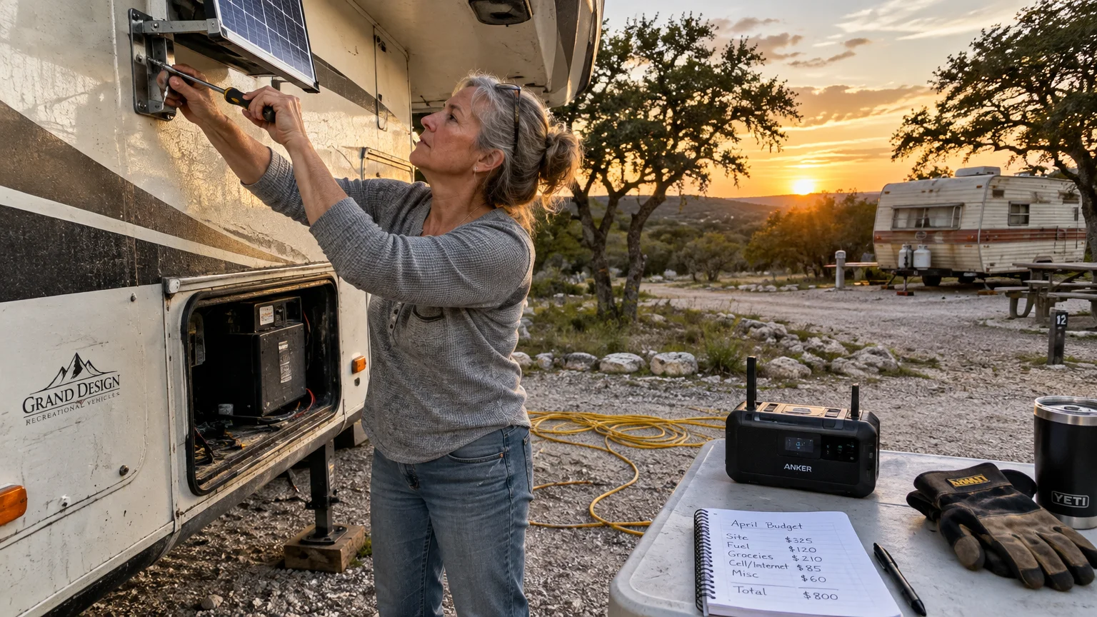 A woman adjusts an RV solar panel near a table holding a handwritten budget notepad, portable power station, and gloves.