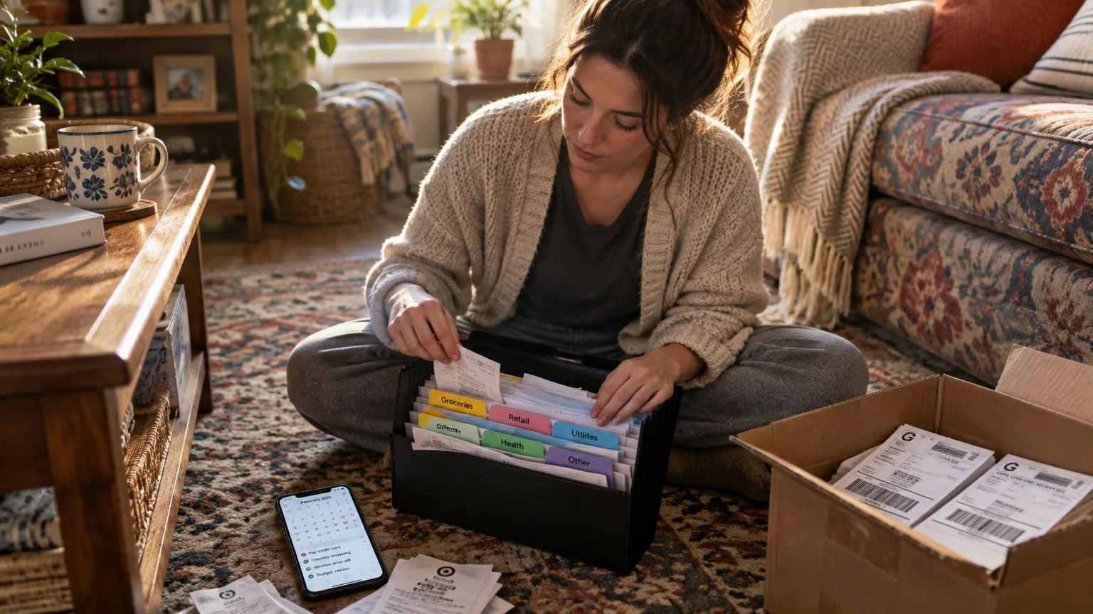 A woman sits on a living room rug sorting receipts into a categorized accordion file next to her phone.