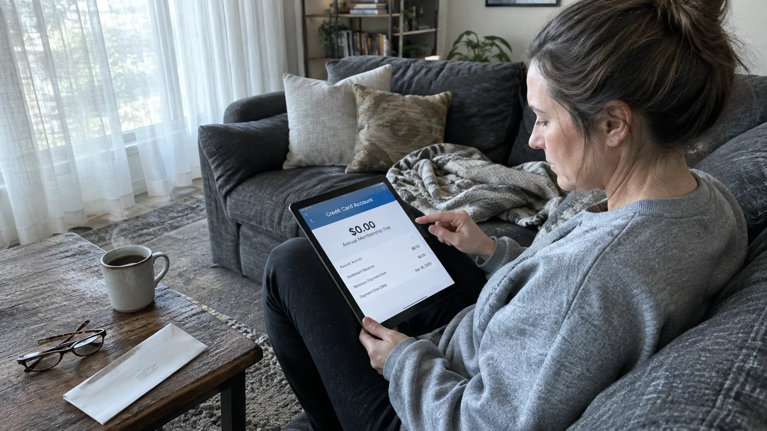 A woman sitting on a couch looks at a tablet displaying a credit card account screen showing a $0.00 annual fee.