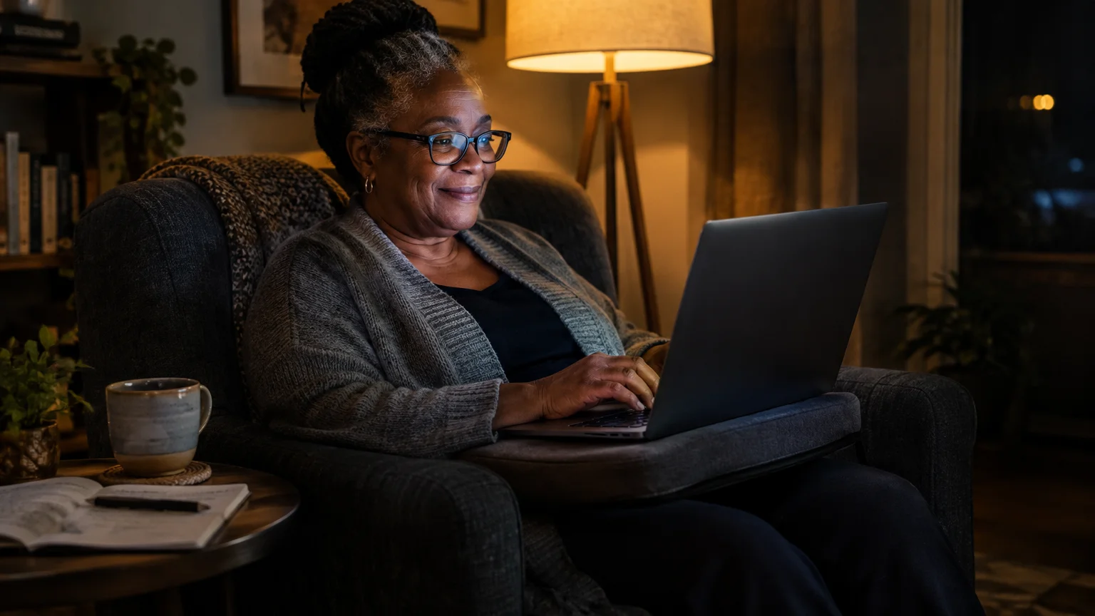 A smiling senior woman wearing glasses sits in an armchair at night, typing on a laptop placed on a lap cushion.